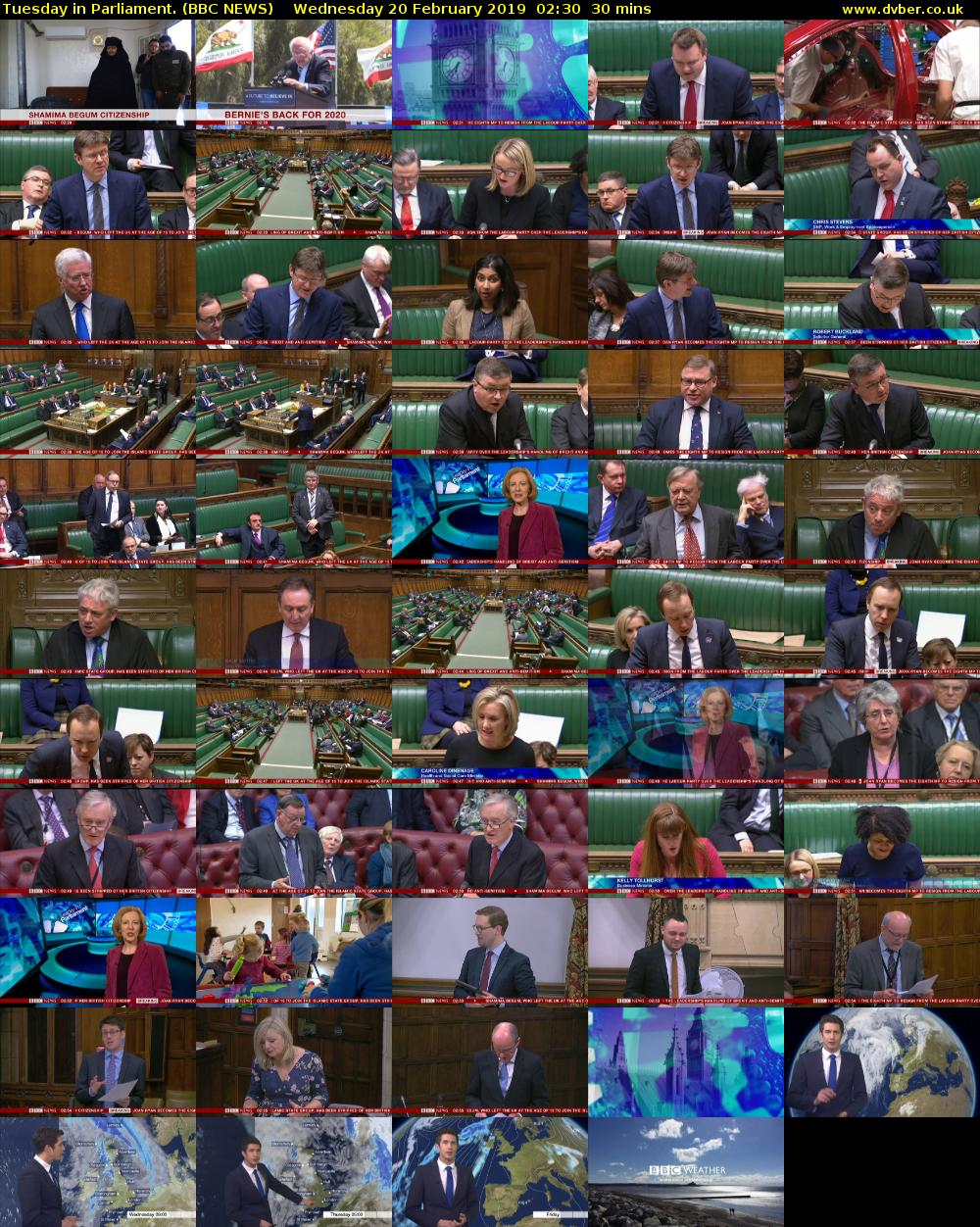 Tuesday in Parliament. (BBC NEWS) Wednesday 20 February 2019 02:30 - 03:00