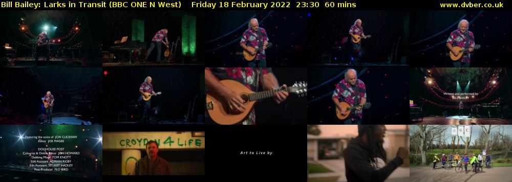 Bill Bailey: Larks in Transit (BBC ONE N West) Friday 18 February 2022 23:30 - 00:30