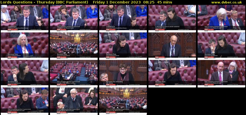 Lords Questions - Thursday (BBC Parliament) Friday 1 December 2023 08:25 - 09:10