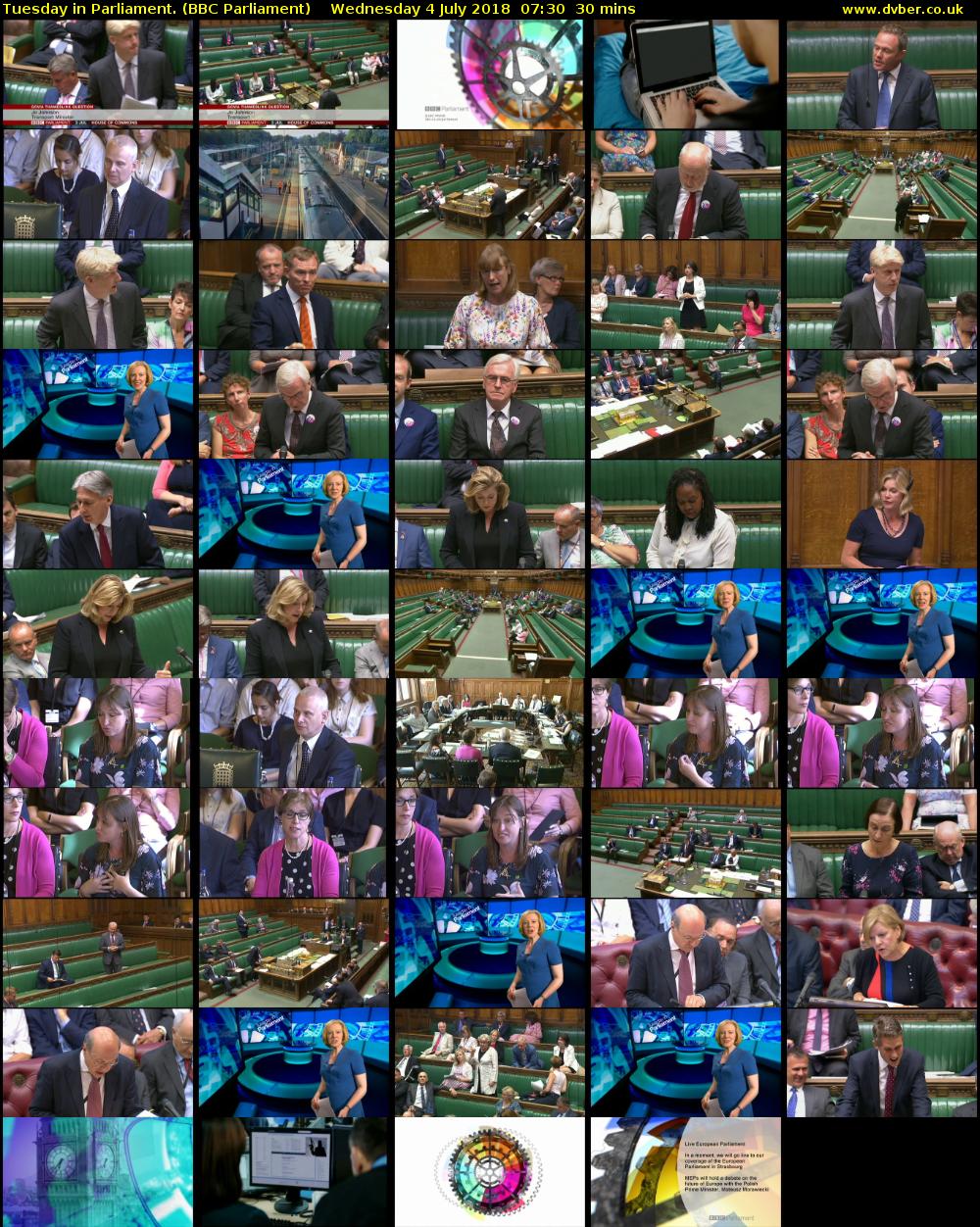 Tuesday in Parliament. (BBC Parliament) Wednesday 4 July 2018 07:30 - 08:00