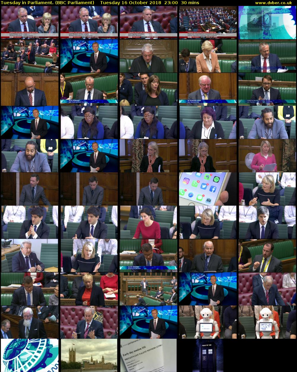 Tuesday in Parliament. (BBC Parliament) Tuesday 16 October 2018 23:00 - 23:30