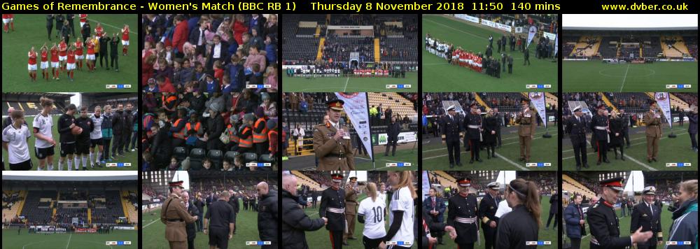 Games of Remembrance - Women's Match (BBC RB 1) Thursday 8 November 2018 11:50 - 14:10