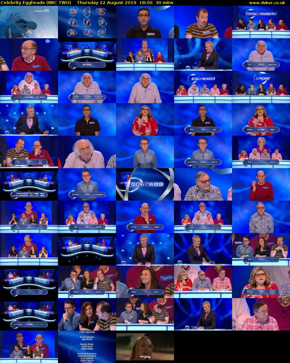 Celebrity Eggheads (BBC TWO) Thursday 22 August 2019 18:00 - 18:30
