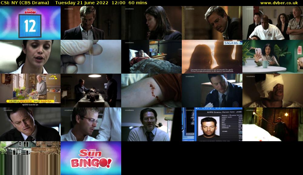 CSI: NY (CBS Drama) Tuesday 21 June 2022 12:00 - 13:00