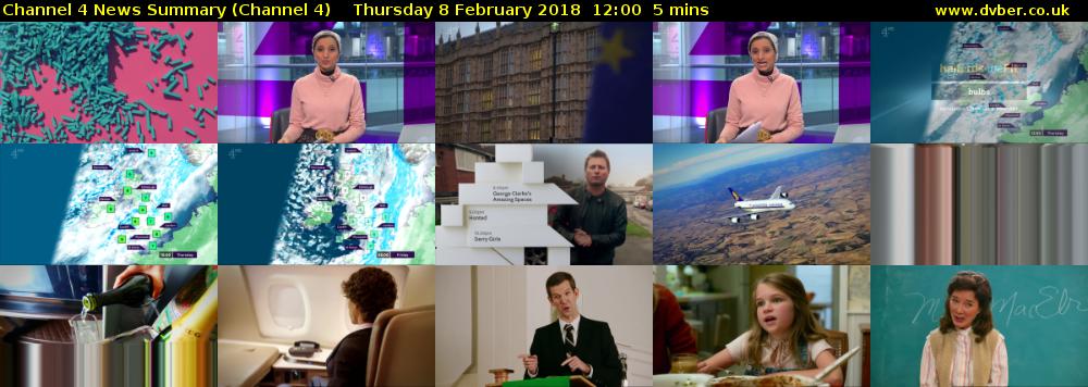 Channel 4 News Summary (Channel 4) Thursday 8 February 2018 12:00 - 12:05
