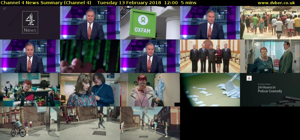 Channel 4 News Summary (Channel 4) Tuesday 13 February 2018 12:00 - 12:05