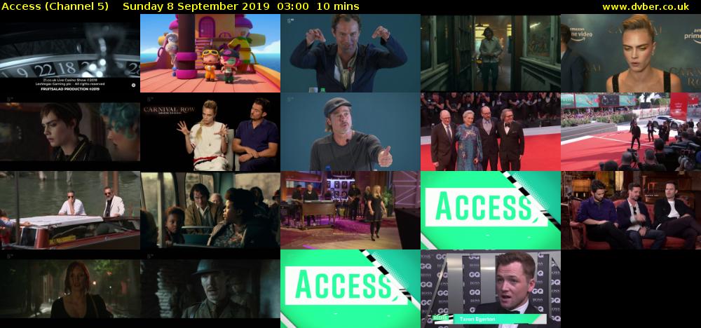 Access (Channel 5) Sunday 8 September 2019 03:00 - 03:10