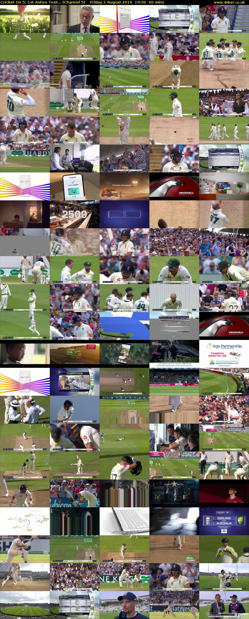 Cricket On 5: 1st Ashes Test:.. (Channel 5) Friday 2 August 2019 19:00 - 20:00