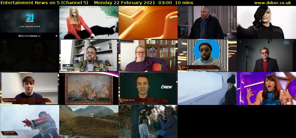 Entertainment News on 5 (Channel 5) Monday 22 February 2021 03:00 - 03:10