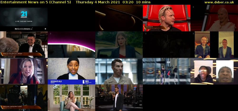 Entertainment News on 5 (Channel 5) Thursday 4 March 2021 03:20 - 03:30