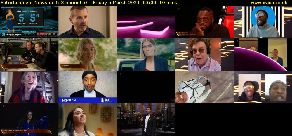 Entertainment News on 5 (Channel 5) Friday 5 March 2021 03:00 - 03:10