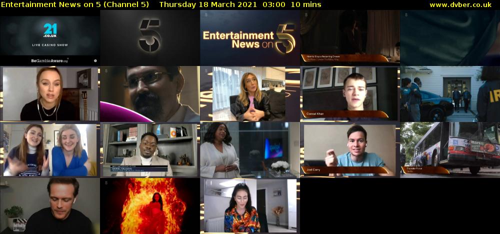 Entertainment News on 5 (Channel 5) Thursday 18 March 2021 03:00 - 03:10