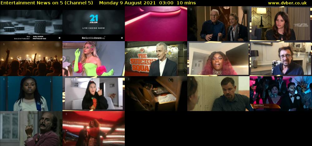 Entertainment News on 5 (Channel 5) Monday 9 August 2021 03:00 - 03:10