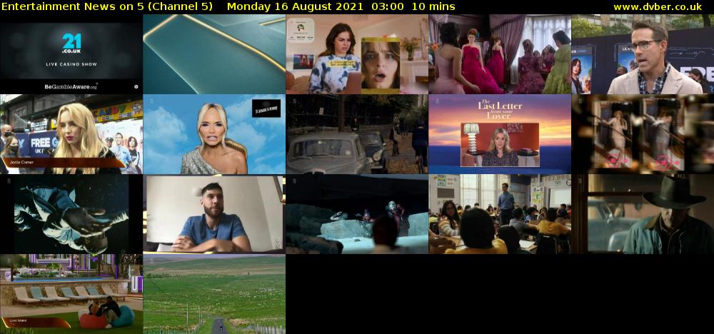 Entertainment News on 5 (Channel 5) Monday 16 August 2021 03:00 - 03:10