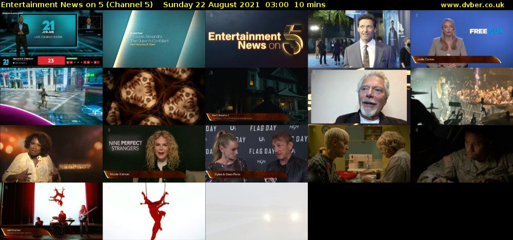 Entertainment News on 5 (Channel 5) Sunday 22 August 2021 03:00 - 03:10