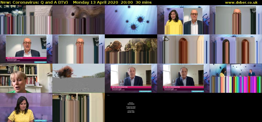 Coronavirus: Q and A (ITV) Monday 13 April 2020 20:00 - 20:30