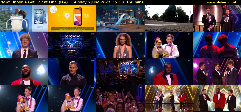 Britain's Got Talent Final (ITV) Sunday 5 June 2022 19:30 - 22:00