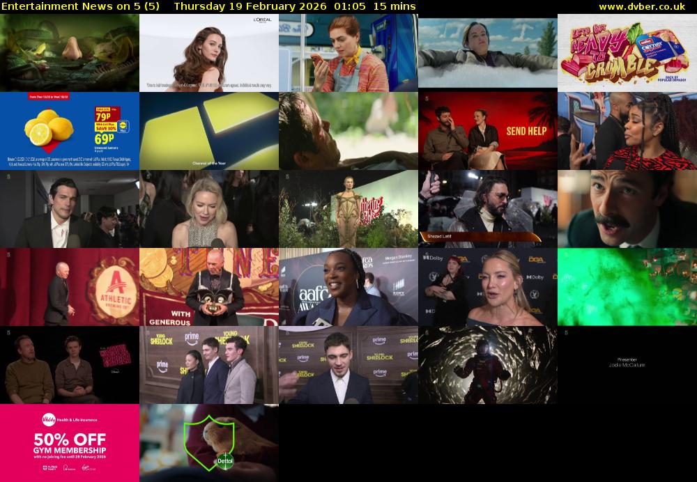 Entertainment News on 5 (5) Thursday 19 February 2026 01:05 - 01:20