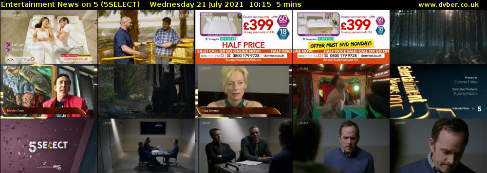 Entertainment News on 5 (5SELECT) Wednesday 21 July 2021 10:15 - 10:20