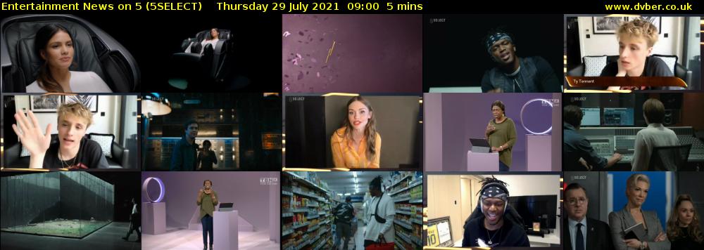 Entertainment News on 5 (5SELECT) Thursday 29 July 2021 09:00 - 09:05