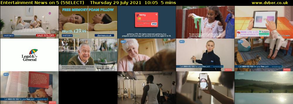 Entertainment News on 5 (5SELECT) Thursday 29 July 2021 10:05 - 10:10