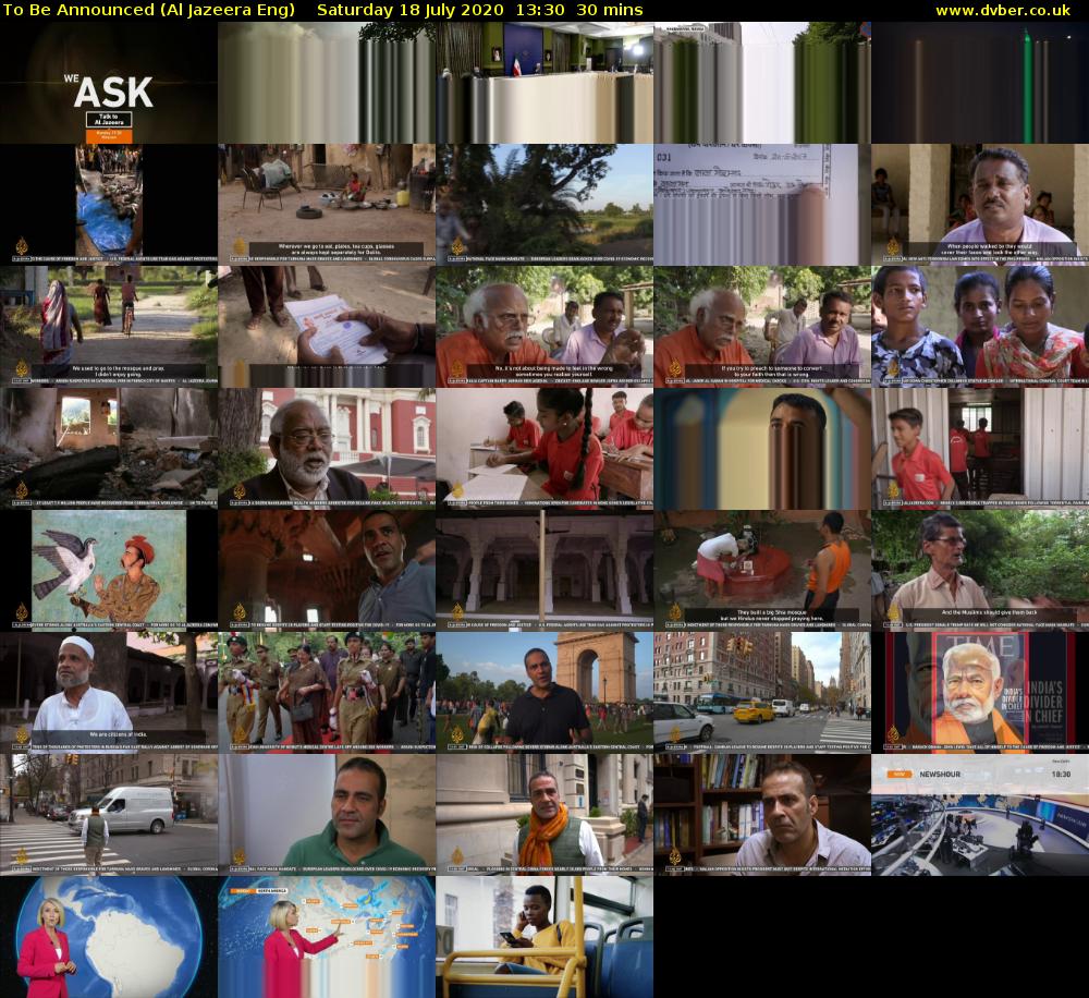 To Be Announced (Al Jazeera Eng) Saturday 18 July 2020 13:30 - 14:00