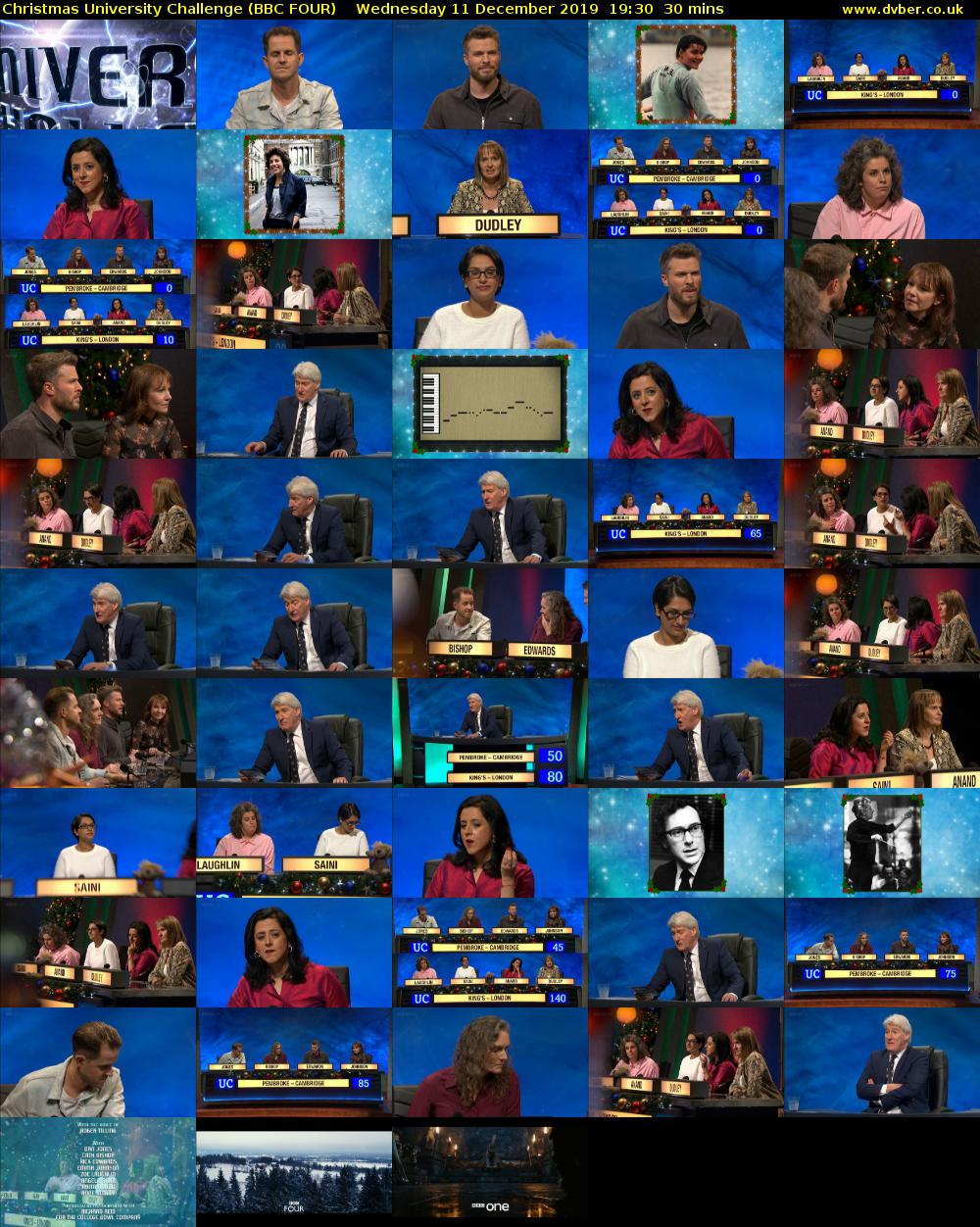 Christmas University Challenge (BBC FOUR) Wednesday 11 December 2019 19:30 - 20:00