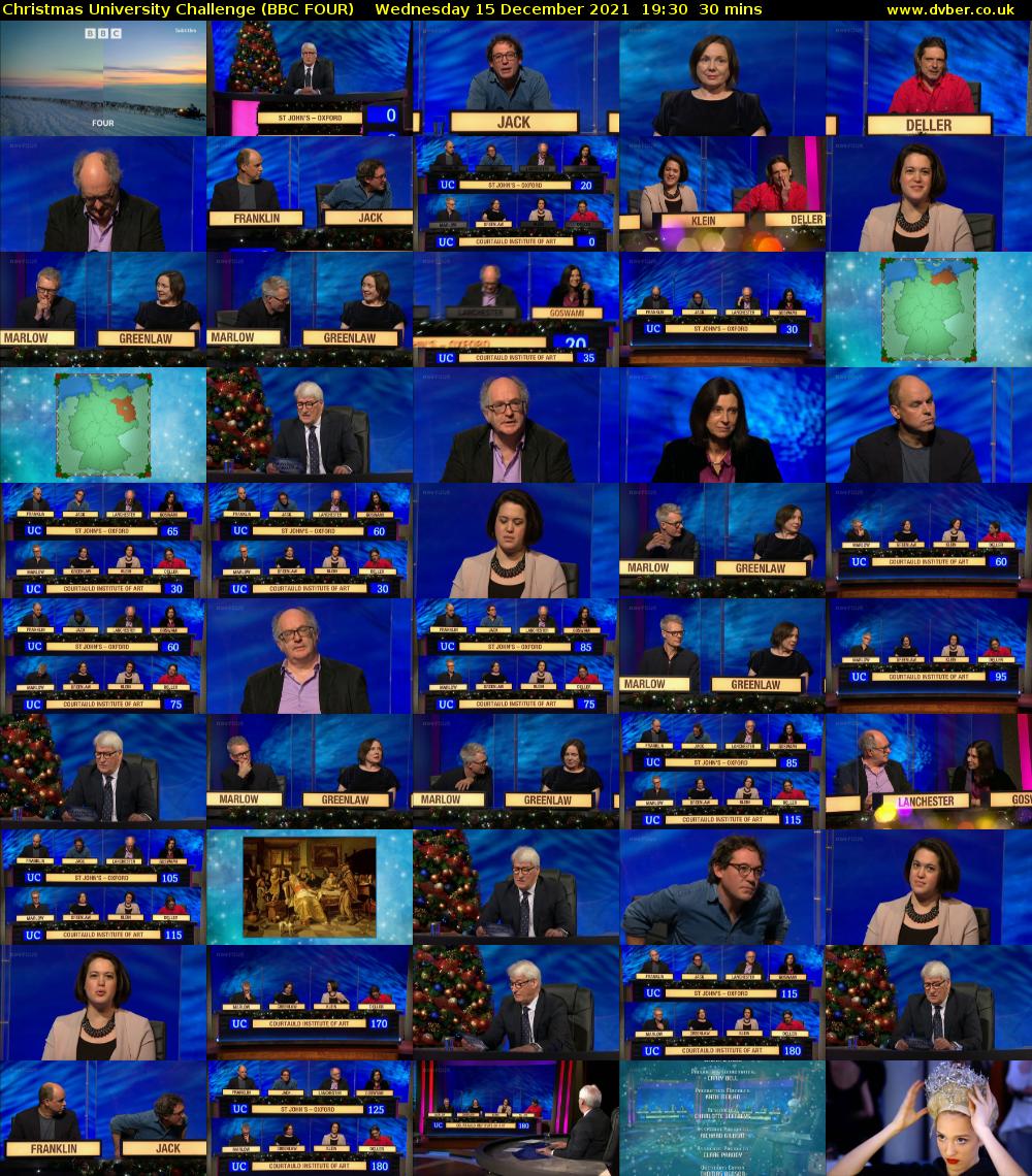 Christmas University Challenge (BBC FOUR) Wednesday 15 December 2021 19:30 - 20:00