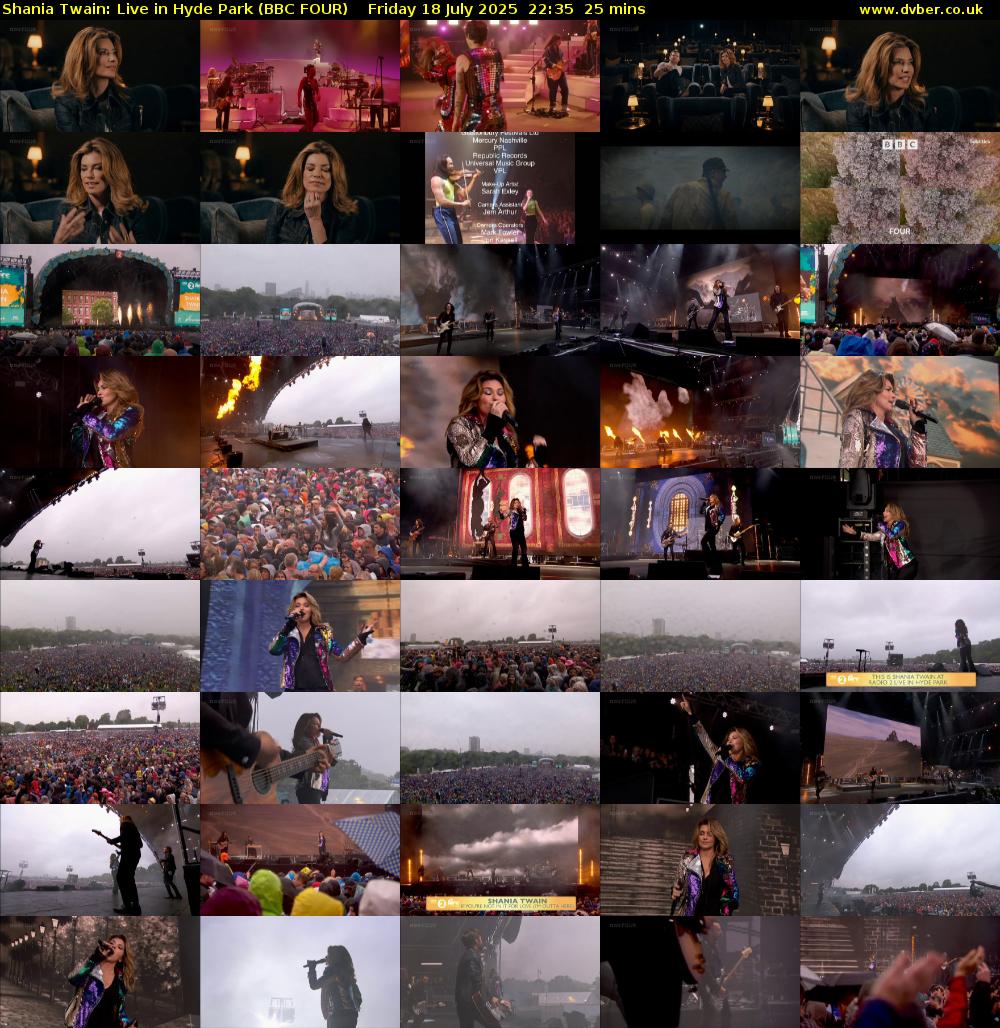 Shania Twain: Live in Hyde Park (BBC FOUR) Friday 18 July 2025 22:35 - 23:00