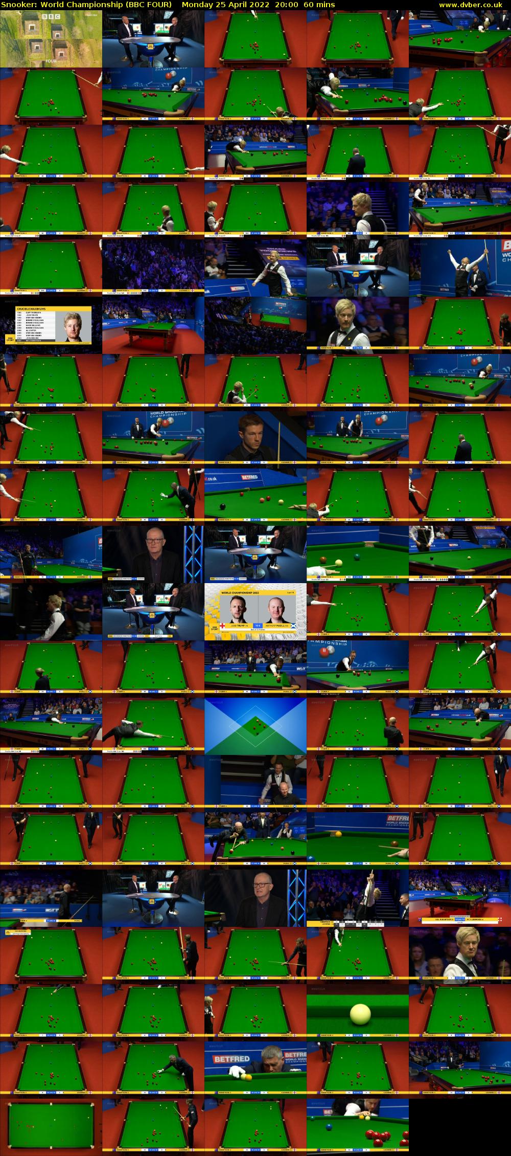 Snooker: World Championship (BBC FOUR) Monday 25 April 2022 20:00 - 21:00