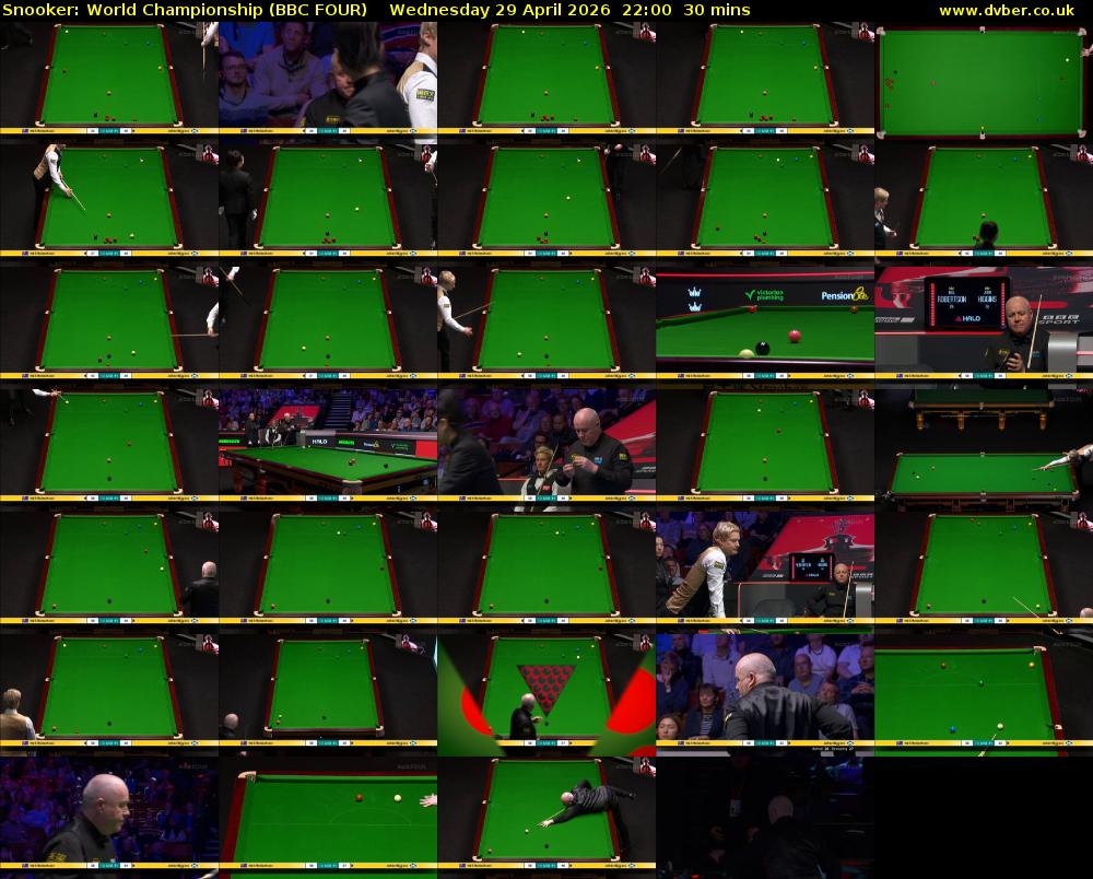 Snooker: World Championship (BBC FOUR) Wednesday 29 April 2026 22:00 - 22:30