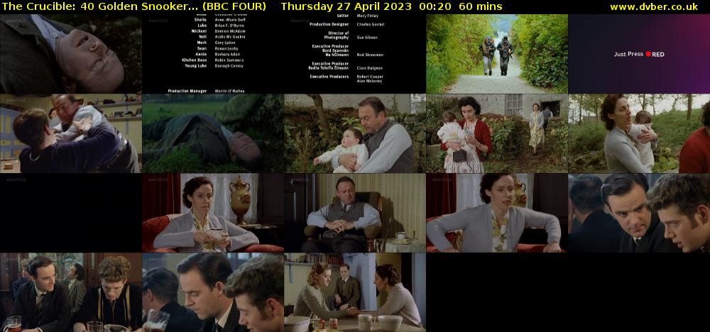 The Crucible: 40 Golden Snooker... (BBC FOUR) Thursday 27 April 2023 00:20 - 01:20