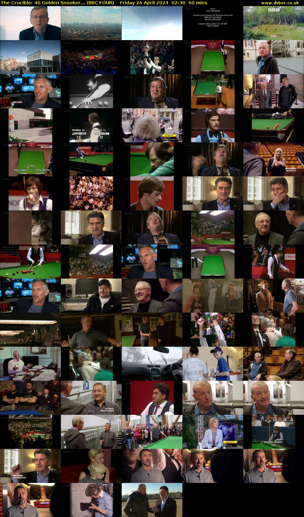 The Crucible: 40 Golden Snooker... (BBC FOUR) Friday 26 April 2024 02:30 - 03:30