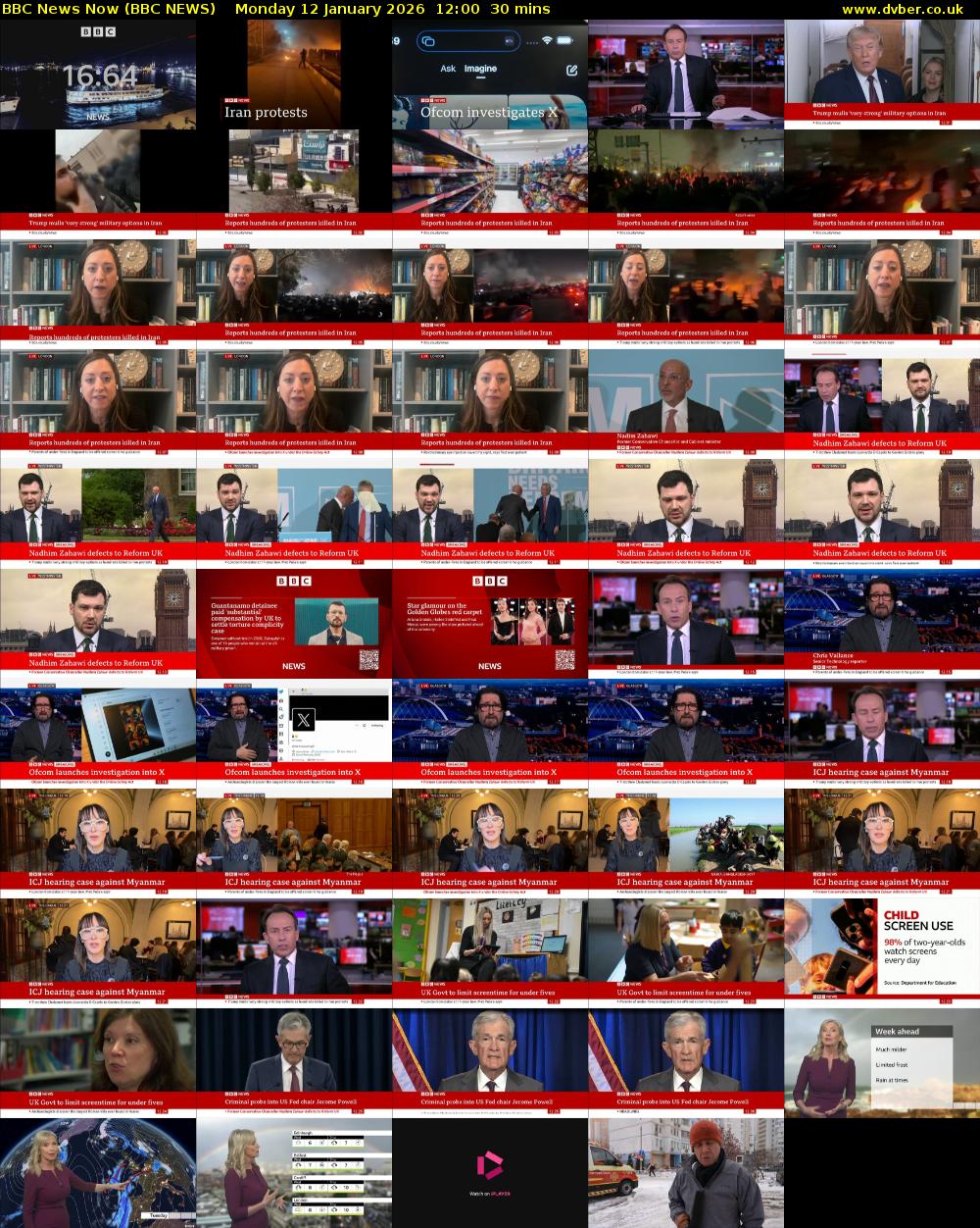 BBC News Now (BBC NEWS) Monday 12 January 2026 12:00 - 12:30