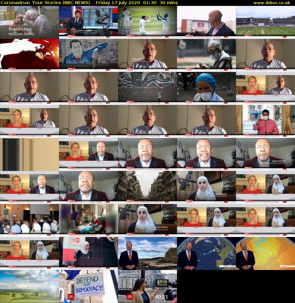 Coronavirus: Your Stories (BBC NEWS) Friday 17 July 2020 01:30 - 02:00