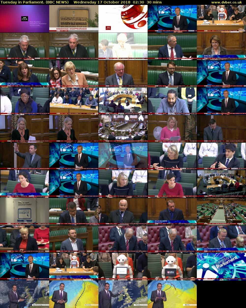 Tuesday in Parliament. (BBC NEWS) Wednesday 17 October 2018 02:30 - 03:00