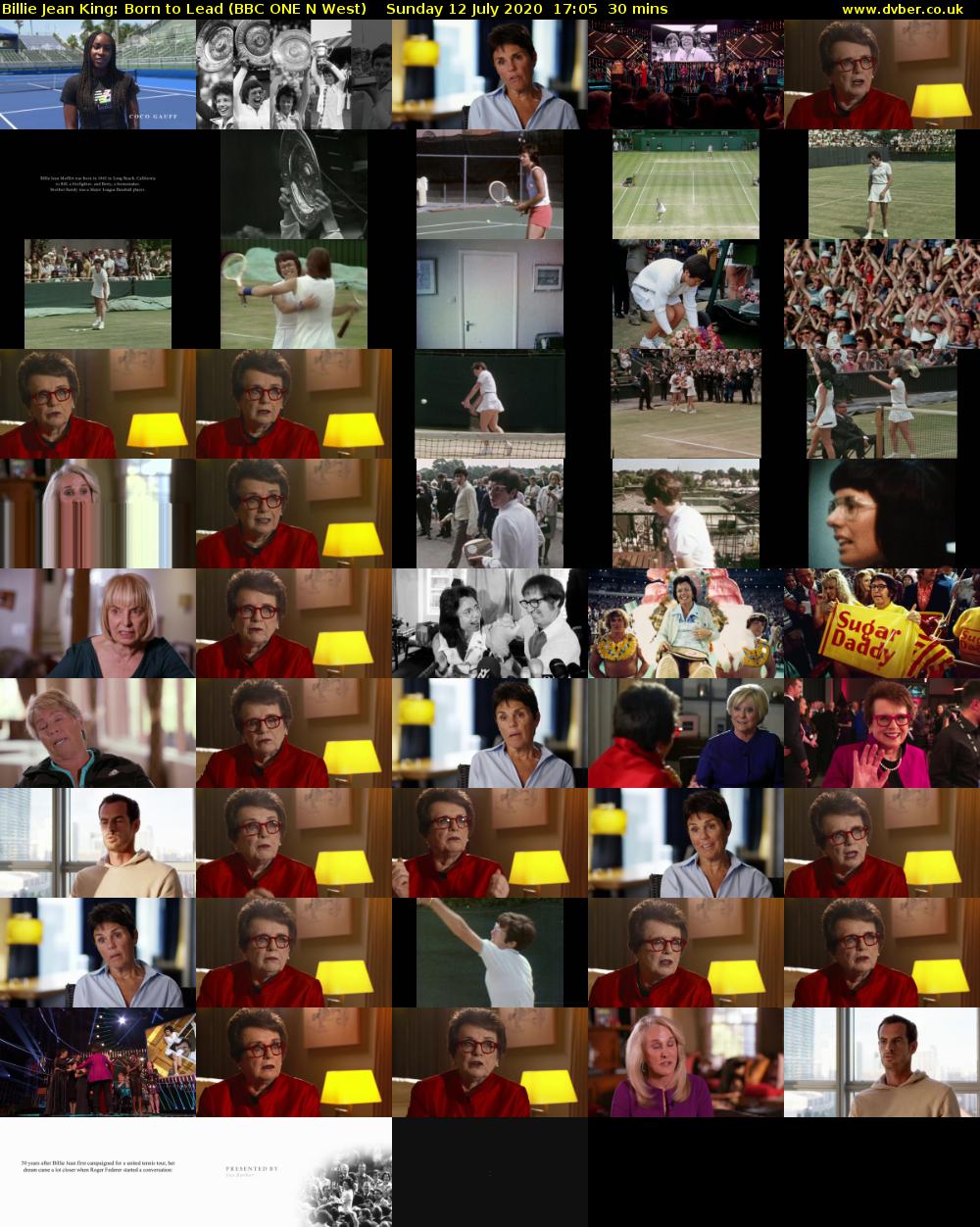 Billie Jean King: Born to Lead (BBC ONE N West) Sunday 12 July 2020 17:05 - 17:35
