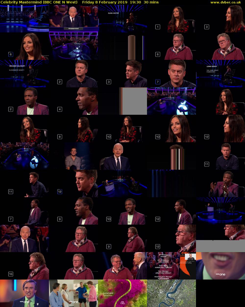 Celebrity Mastermind (BBC ONE N West) Friday 8 February 2019 19:30 - 20:00