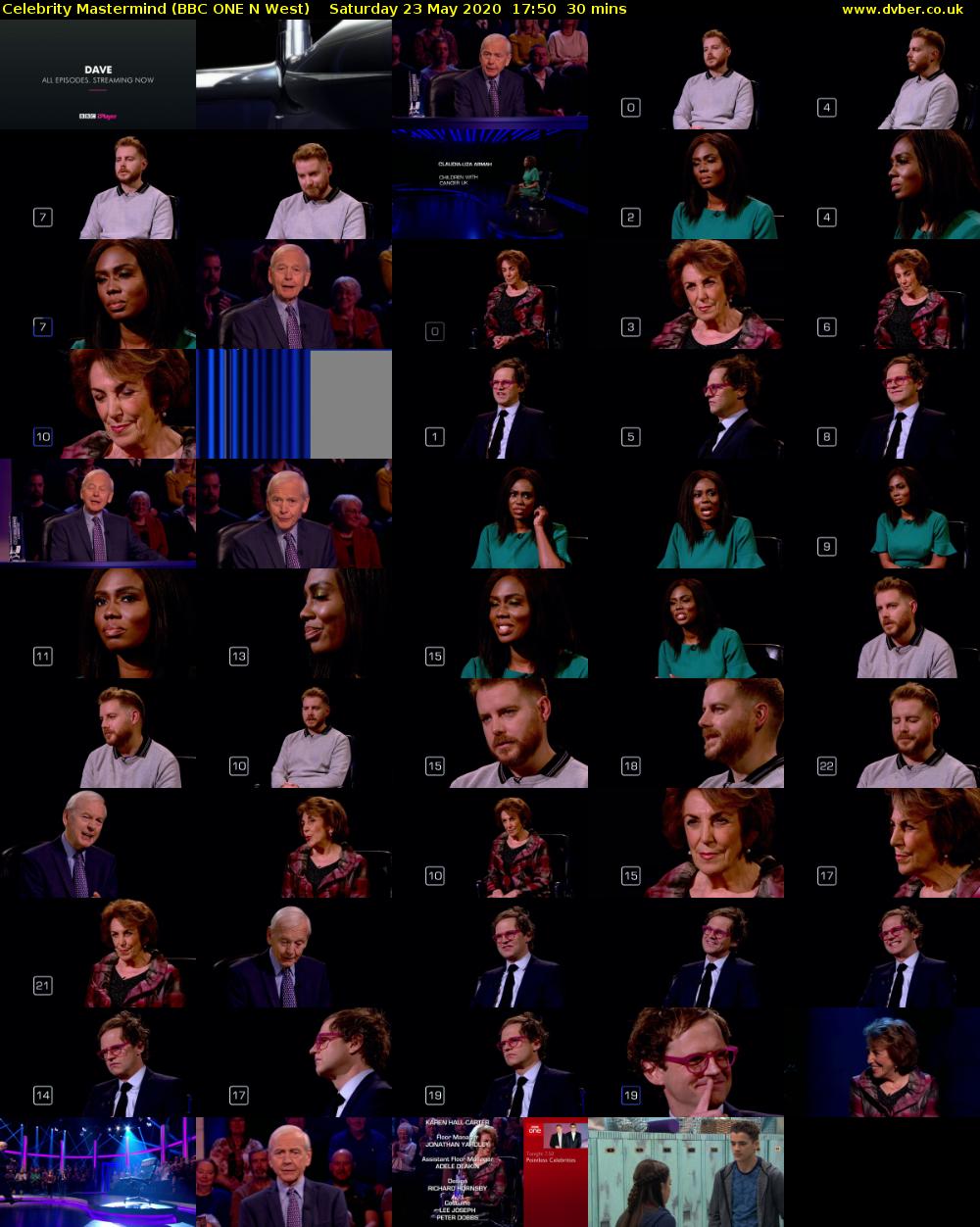 Celebrity Mastermind (BBC ONE N West) Saturday 23 May 2020 17:50 - 18:20