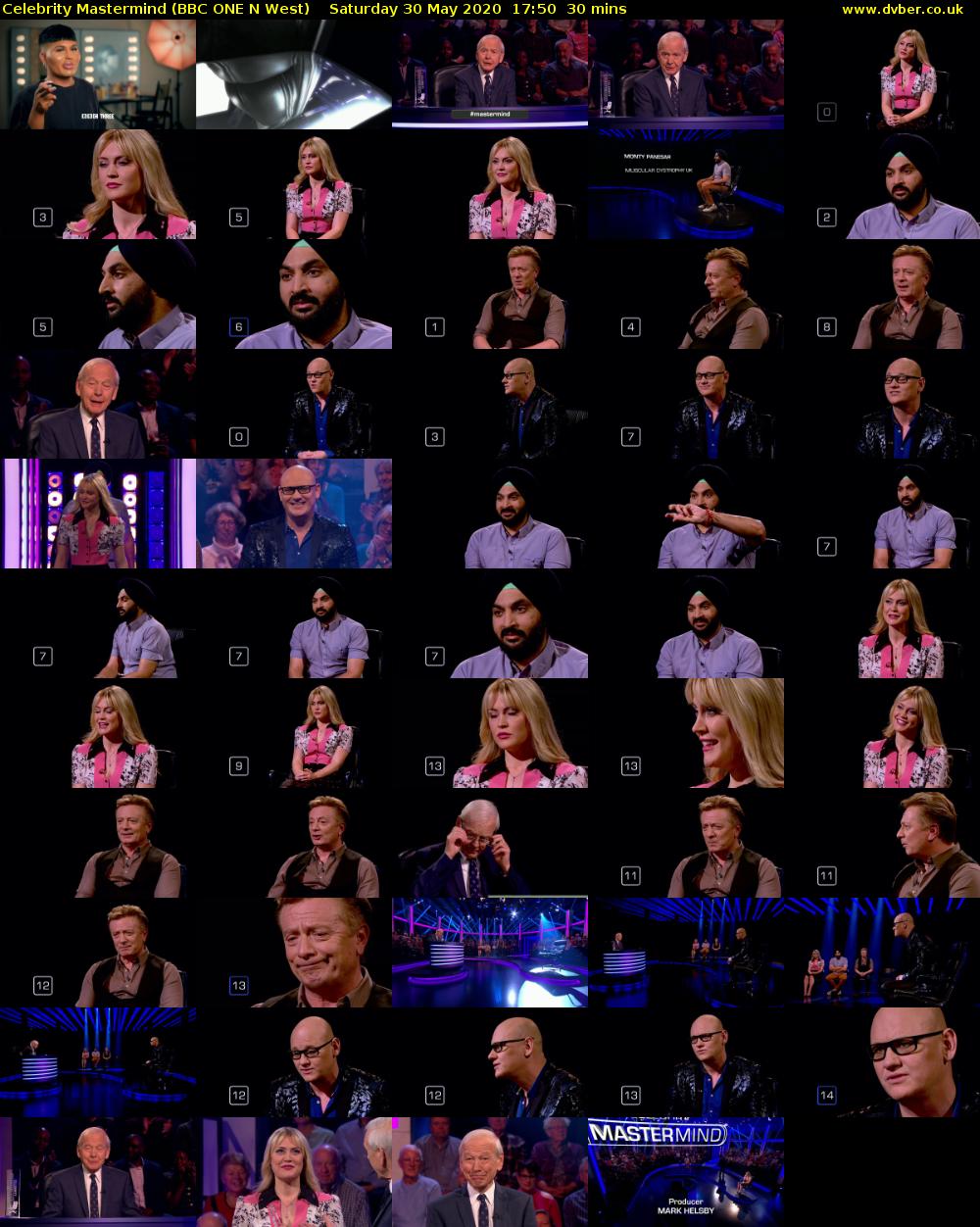 Celebrity Mastermind (BBC ONE N West) Saturday 30 May 2020 17:50 - 18:20
