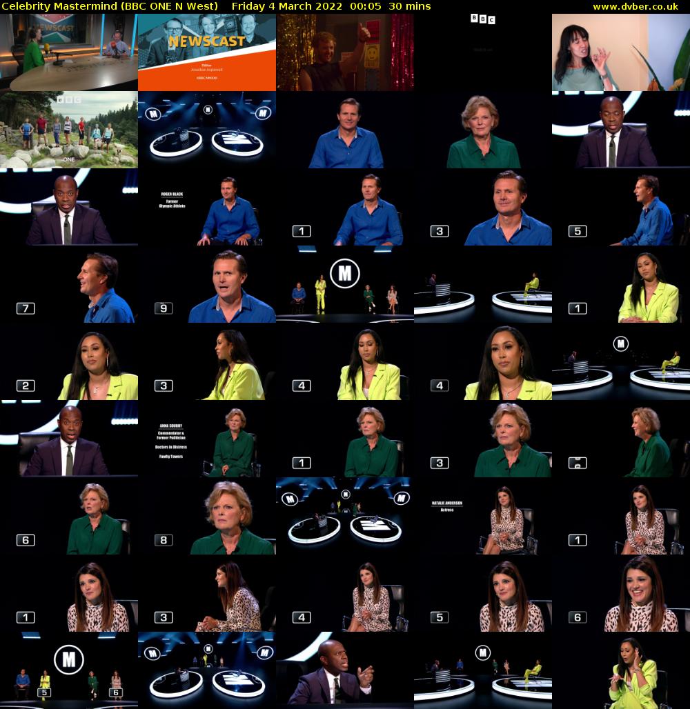Celebrity Mastermind (BBC ONE N West) Friday 4 March 2022 00:05 - 00:35