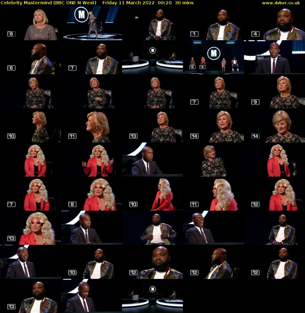 Celebrity Mastermind (BBC ONE N West) Friday 11 March 2022 00:20 - 00:50