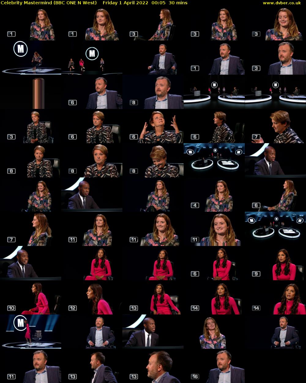 Celebrity Mastermind (BBC ONE N West) Friday 1 April 2022 00:05 - 00:35