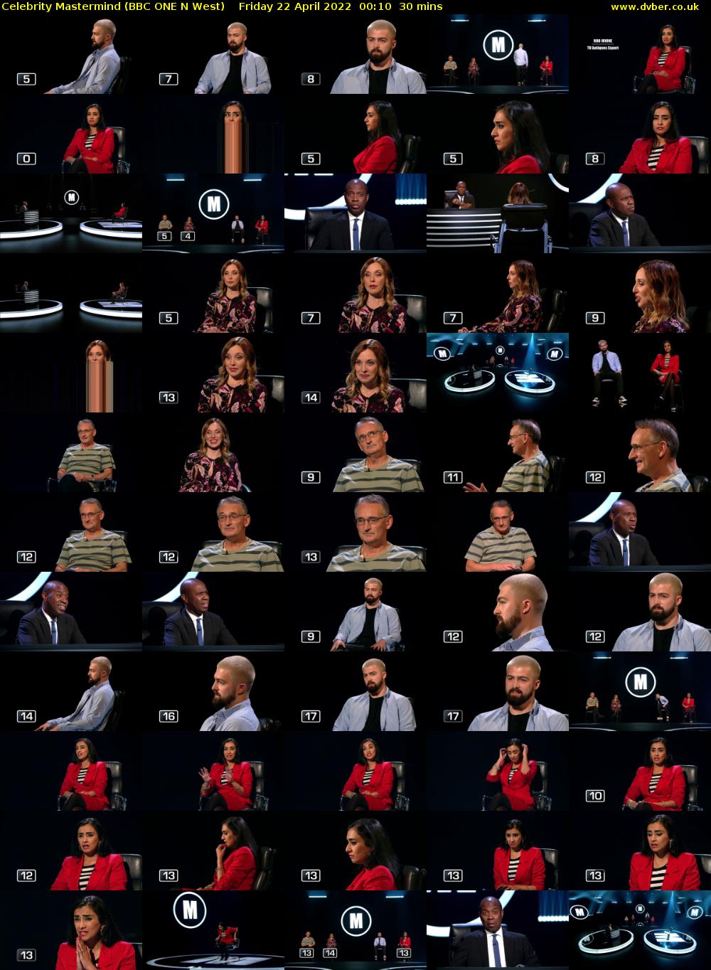 Celebrity Mastermind (BBC ONE N West) Friday 22 April 2022 00:10 - 00:40