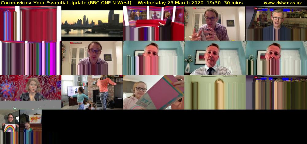 Coronavirus: Your Essential Update (BBC ONE N West) Wednesday 25 March 2020 19:30 - 20:00