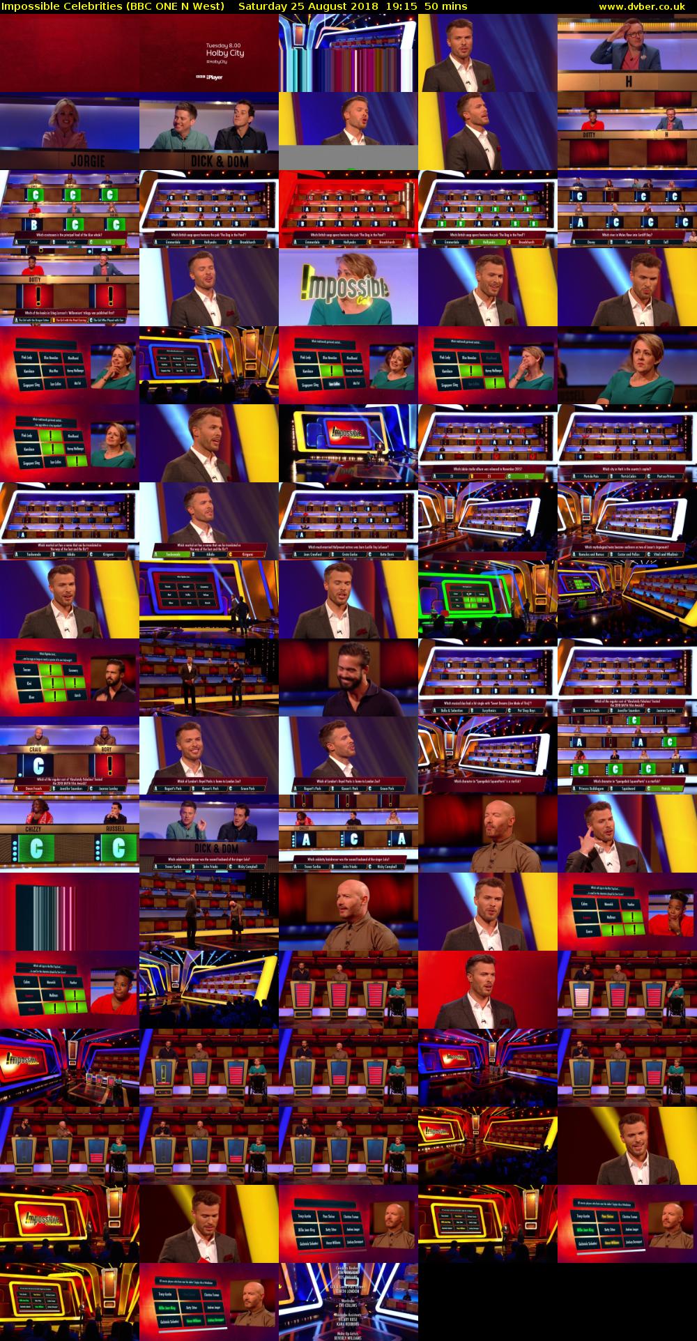 Impossible Celebrities (BBC ONE N West) Saturday 25 August 2018 19:15 - 20:05
