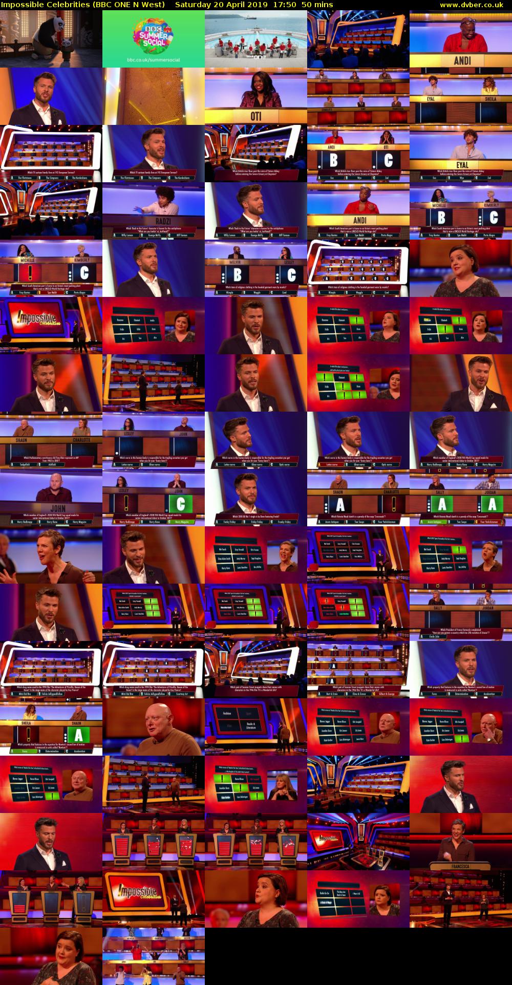 Impossible Celebrities (BBC ONE N West) Saturday 20 April 2019 17:50 - 18:40