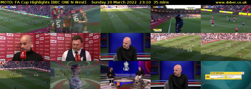 MOTD: FA Cup Highlights (BBC ONE N West) Sunday 20 March 2022 23:10 - 23:45