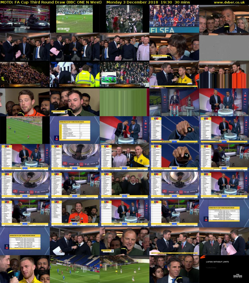MOTD: FA Cup Third Round Draw (BBC ONE N West) Monday 3 December 2018 19:30 - 20:00