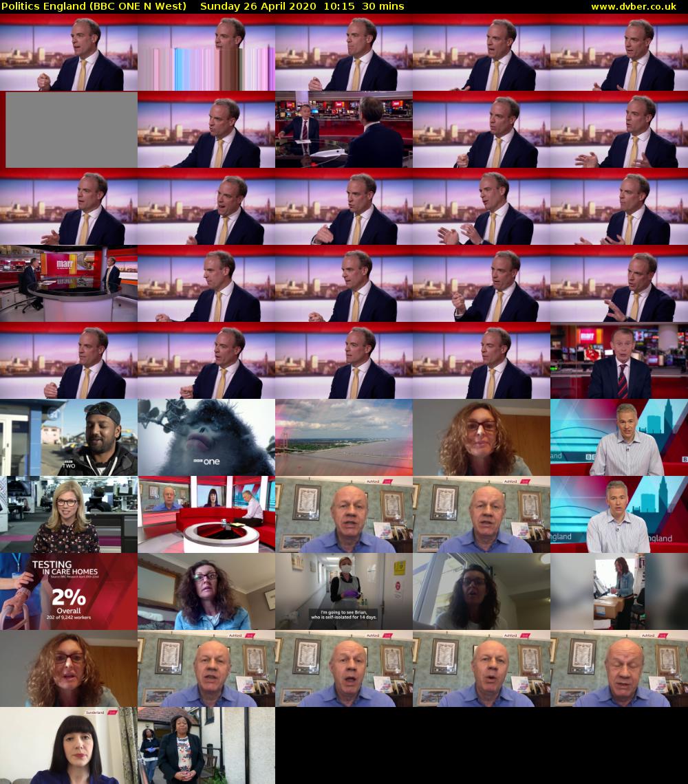 Politics England (BBC ONE N West) Sunday 26 April 2020 10:15 - 10:45